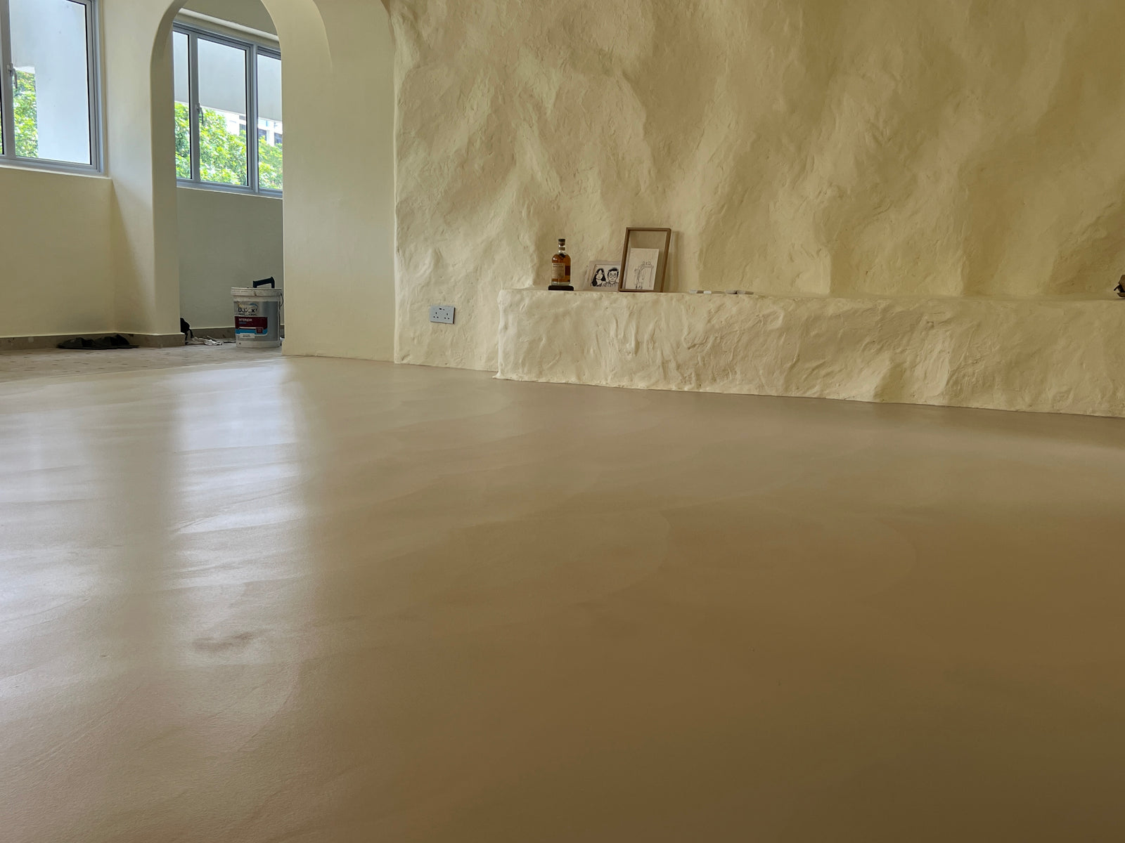 Modern living room with epoxy flooring